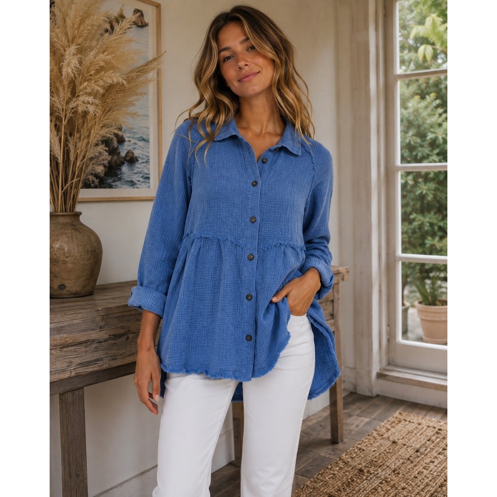 White Birch Gauze Tunic Womens Small Blue Boho Peplum Raw Hem